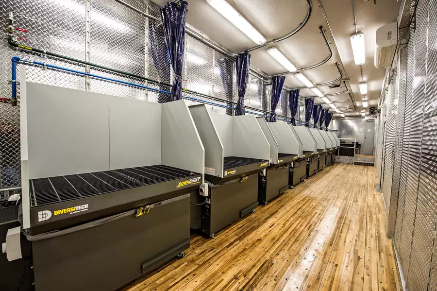 The welding tables inside one of Diversitech's mobile welding trailers